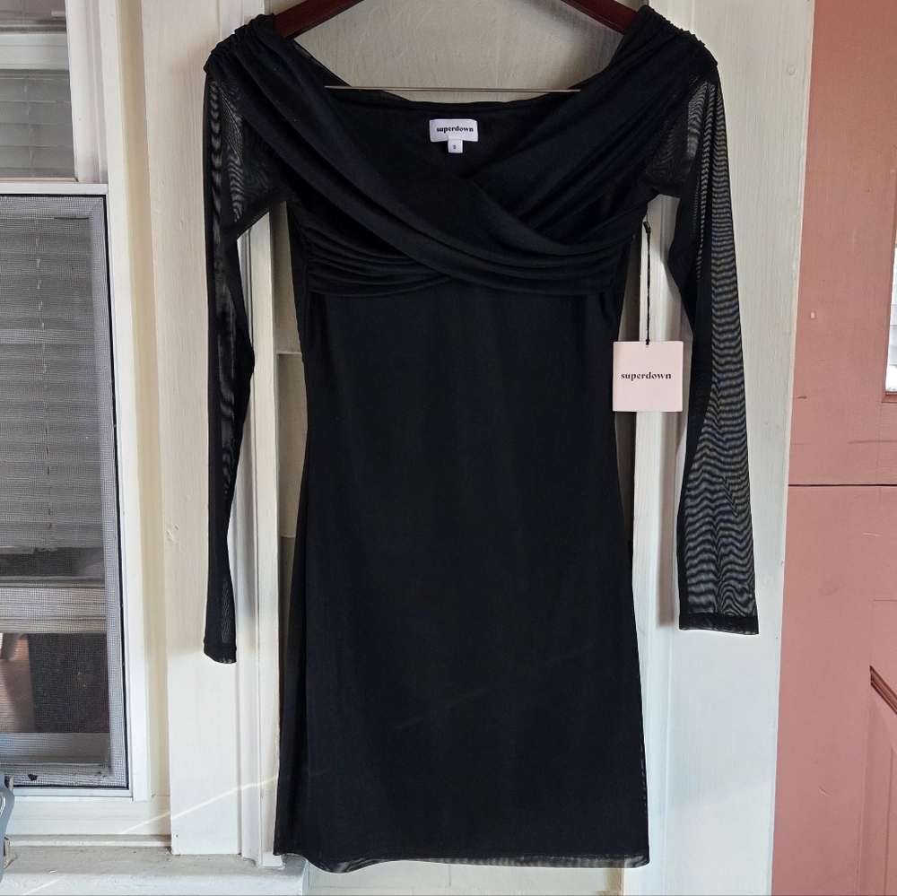 Superdown Mesh Off Shoulder Mini Dress NWT Size Small Little Black Dress Sleeves